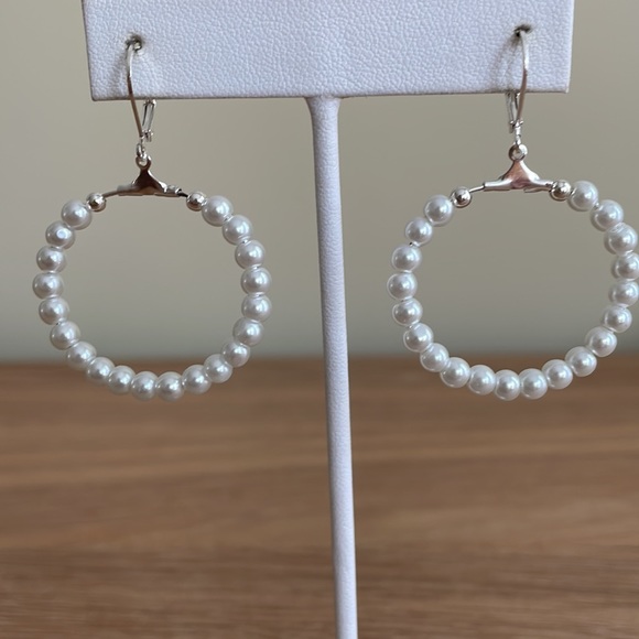 HAND CRAFTED EARRINGS White Glass Pearl Hoops Sterling Silver Ear Wires - Picture 5 of 12